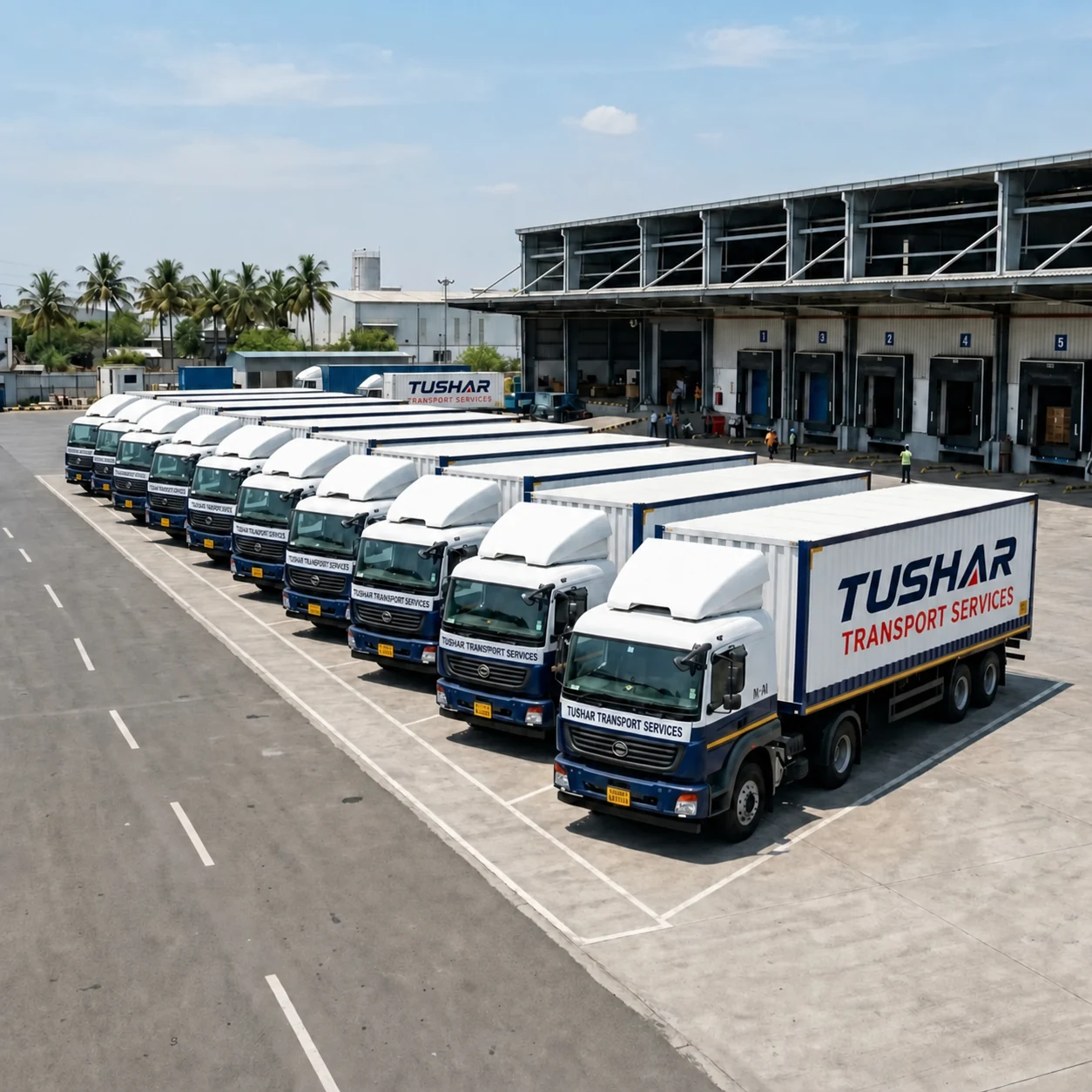Tushar Transport Services heavy truck fleet at a loading depot